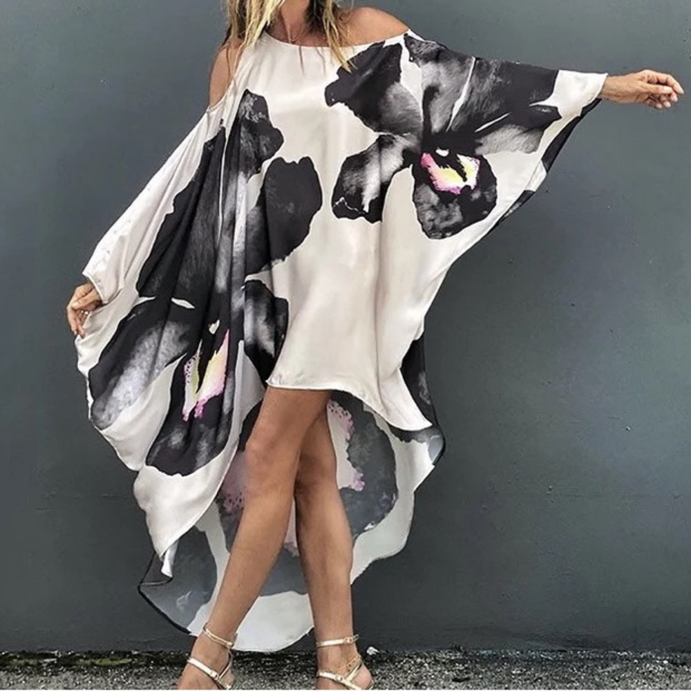 Off Shoulder Floral Print Polyester Dress, Swim Cover, OSFA